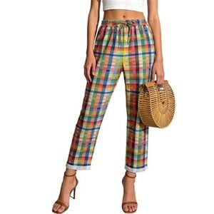 Women's Striped Gingham Harem Pants Summer Casual Loose Drawstring Plaid